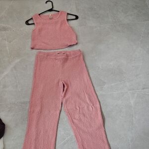 Pink/Salmon Ribbed Knit Crop Top and Pants Set
